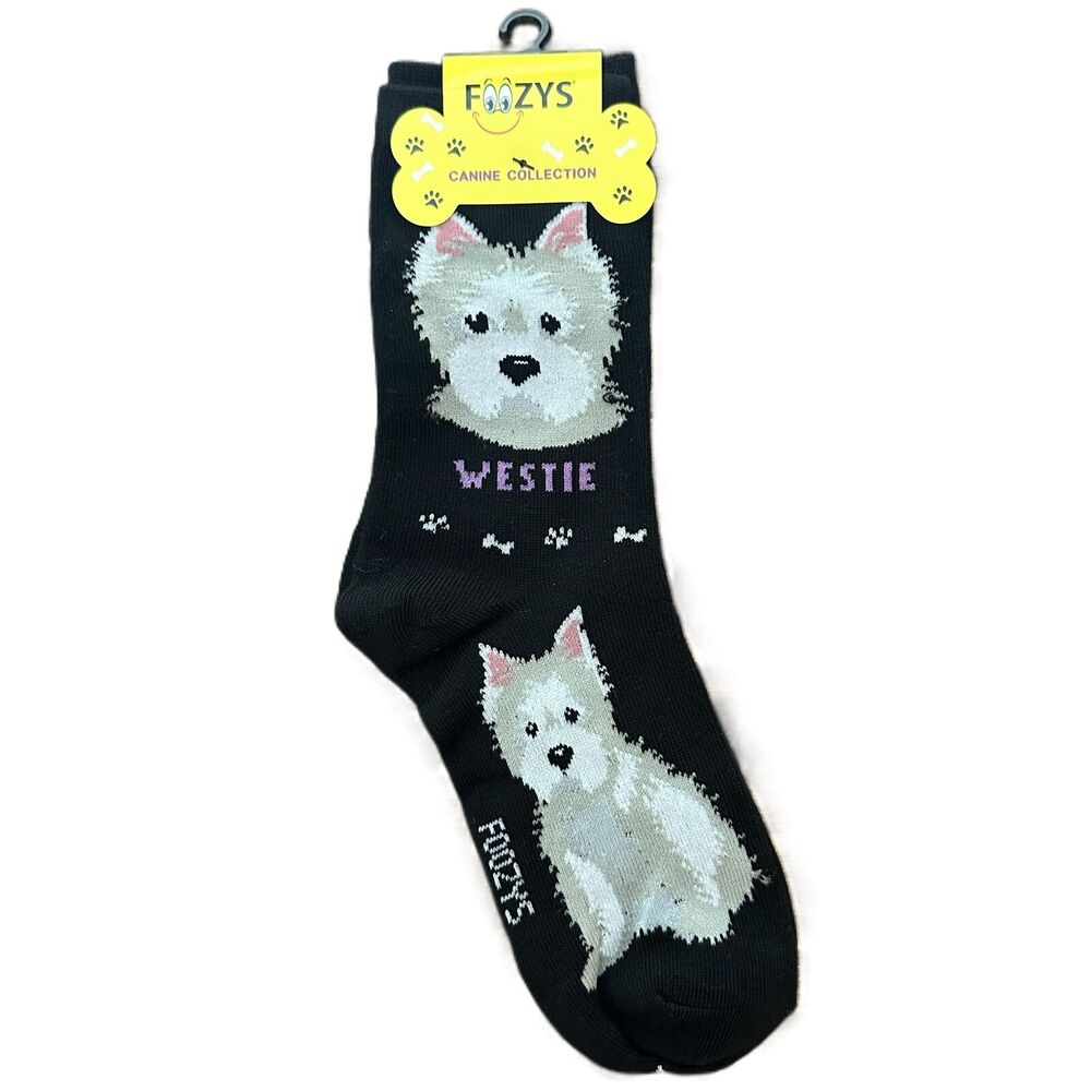 Foozys Dog Pattern Westie Print Crew Socks Black Women's One Size